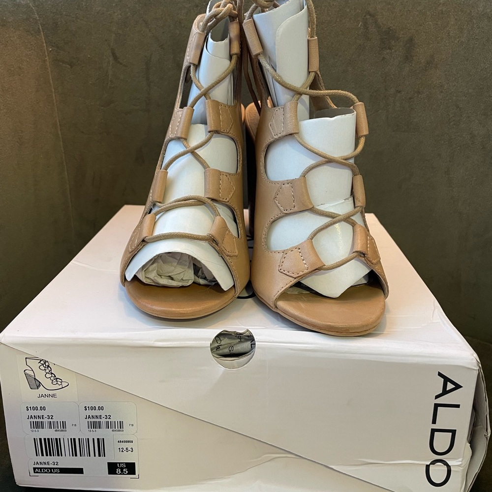 BRAND NEW IN BOX ALDO JANNE NUDE TIE UP HEELS